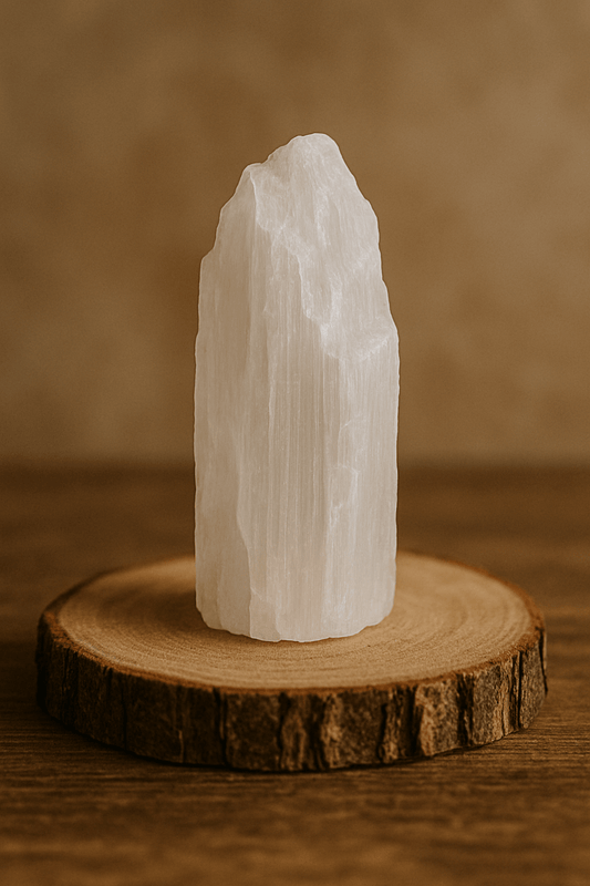 Sélénite, pierre blanche, chakra coronal, purification énergétique, intuition, lune, lithothérapie, L’Harmonie Précieuse