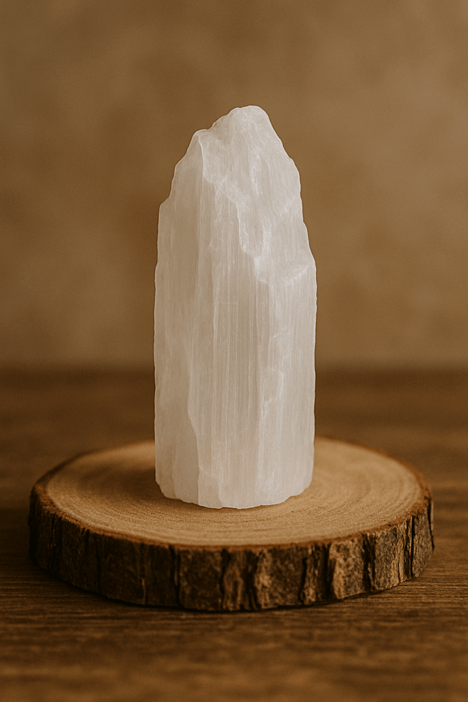 Sélénite, pierre blanche, chakra coronal, purification énergétique, intuition, lune, lithothérapie, L’Harmonie Précieuse