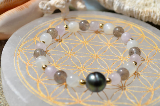 Ephyra – Bracelet – Kunzite, Labradorite & Pierre de Lune | Intuition féminine & lumière du cœur