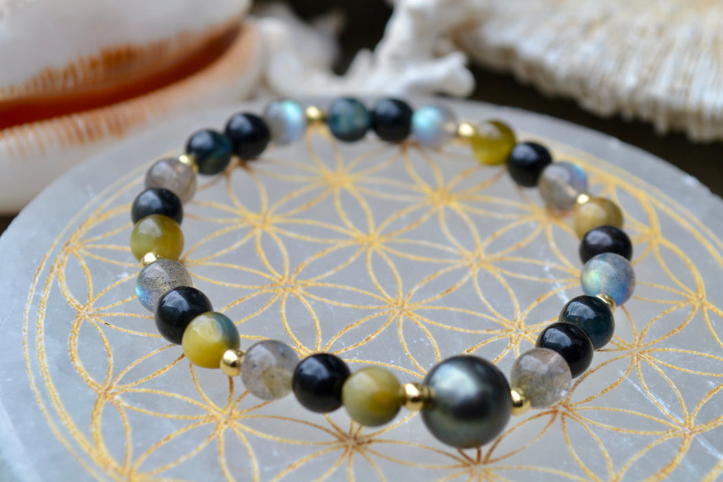 Dione – Bracelet – Labradorite, Obsidienne céleste & Œil de Tigre | Protection solaire & clarté intérieure