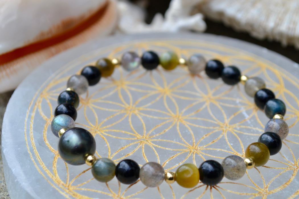 Dione – Bracelet – Labradorite, Obsidienne céleste & Œil de Tigre | Protection solaire & clarté intérieure